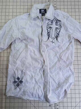 Men's SK2 Apparel White Cross Embroidered Button Down Dress Shirt